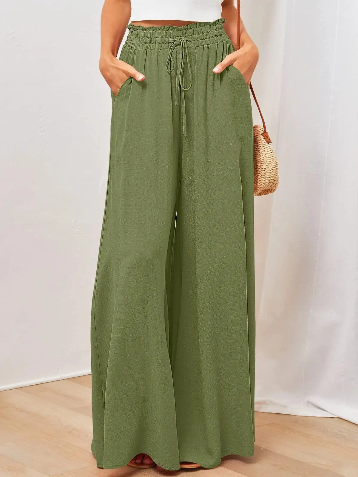 Women Wide Leg Pants Elastic Belt Summer Casual - Image 13