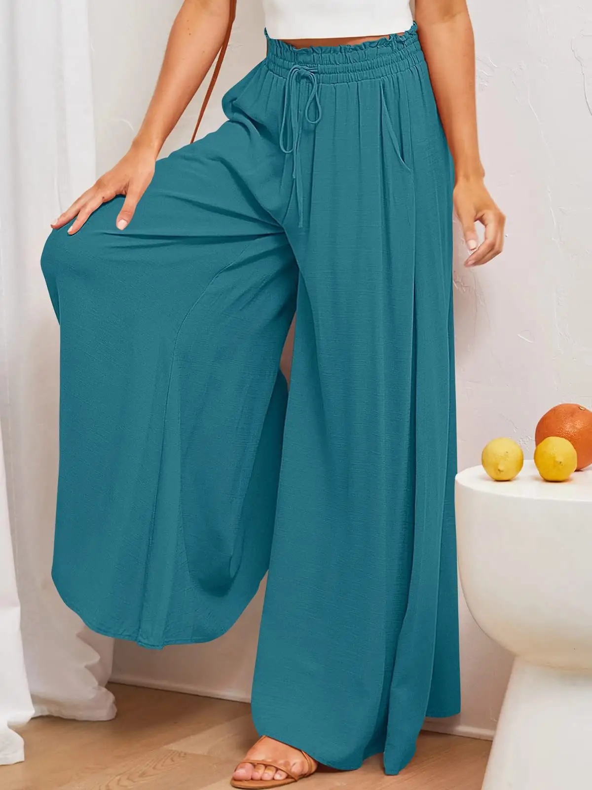 Women Wide Leg Pants Elastic Belt Summer Casual — feature 56