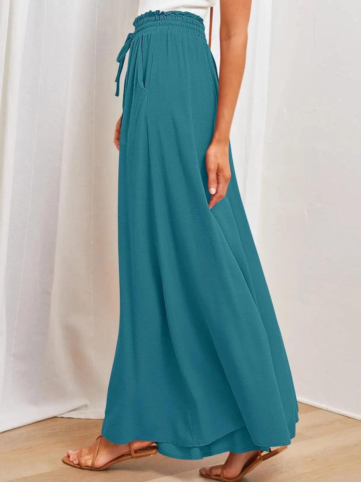 Women Wide Leg Pants Elastic Belt Summer Casual — feature 57