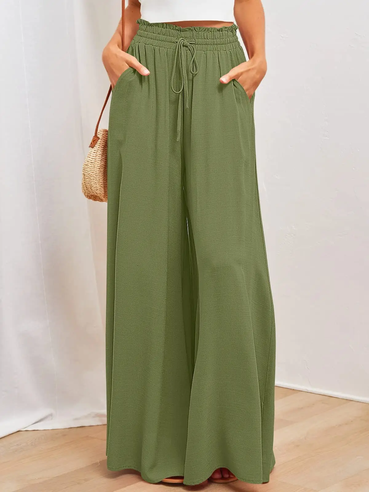 Women Wide Leg Pants Elastic Belt Summer Casual — feature 58