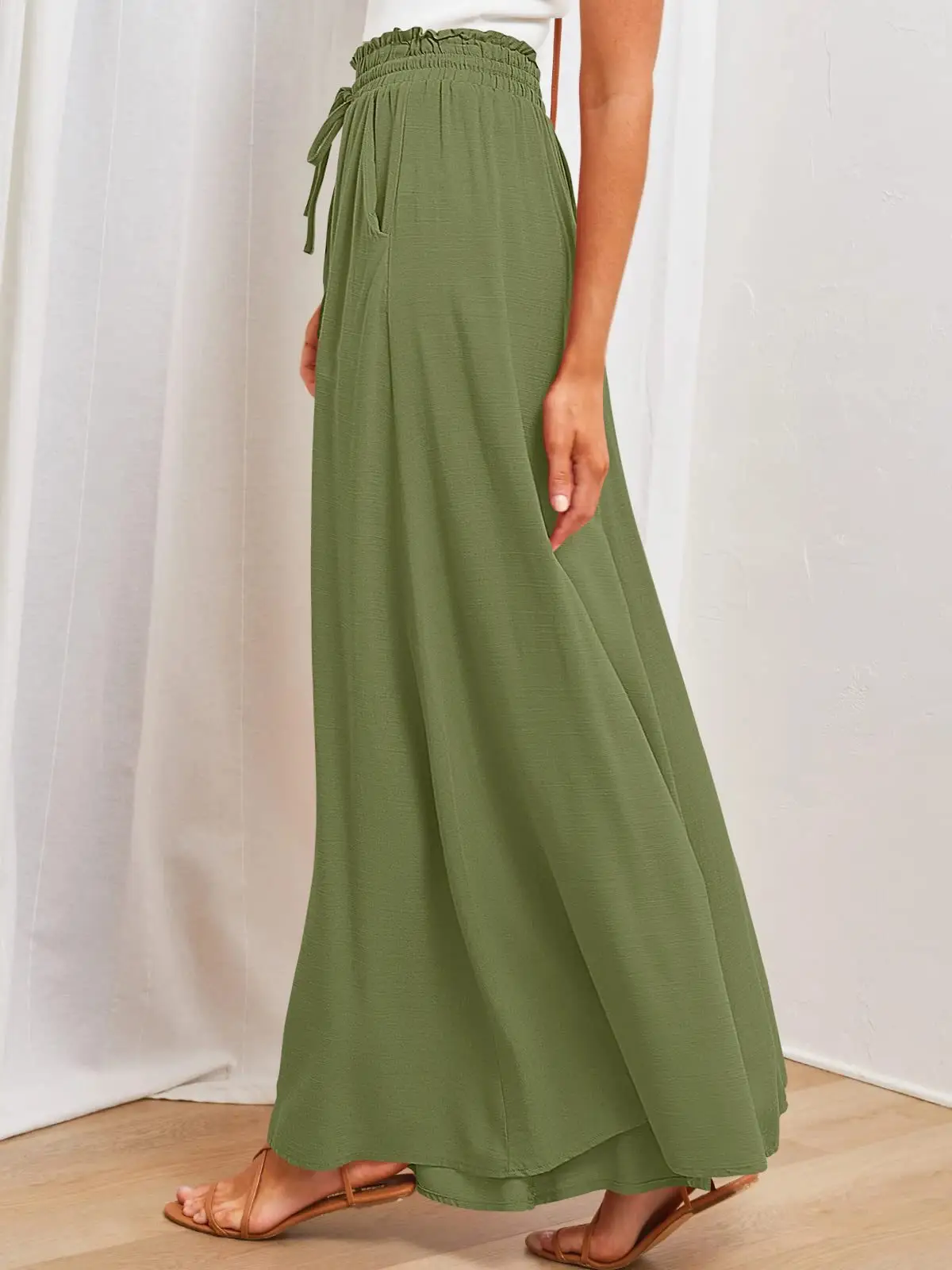 Women Wide Leg Pants Elastic Belt Summer Casual — feature 60