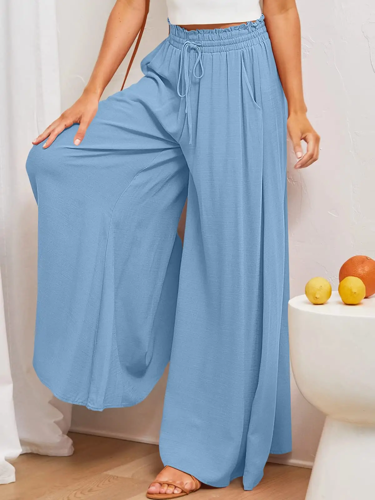 Women Wide Leg Pants Elastic Belt Summer Casual — feature 65
