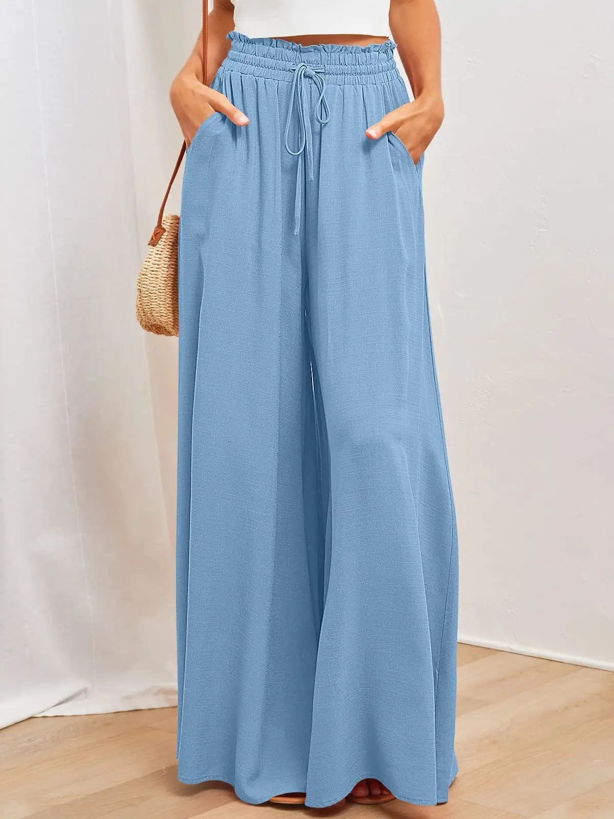 Women Wide Leg Pants Elastic Belt Summer Casual — feature 67