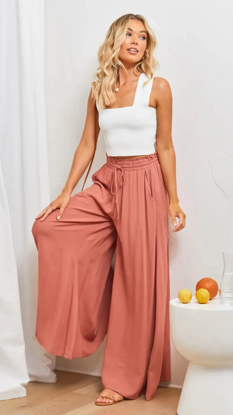 Women Wide Leg Pants Elastic Belt Summer Casual — feature 72