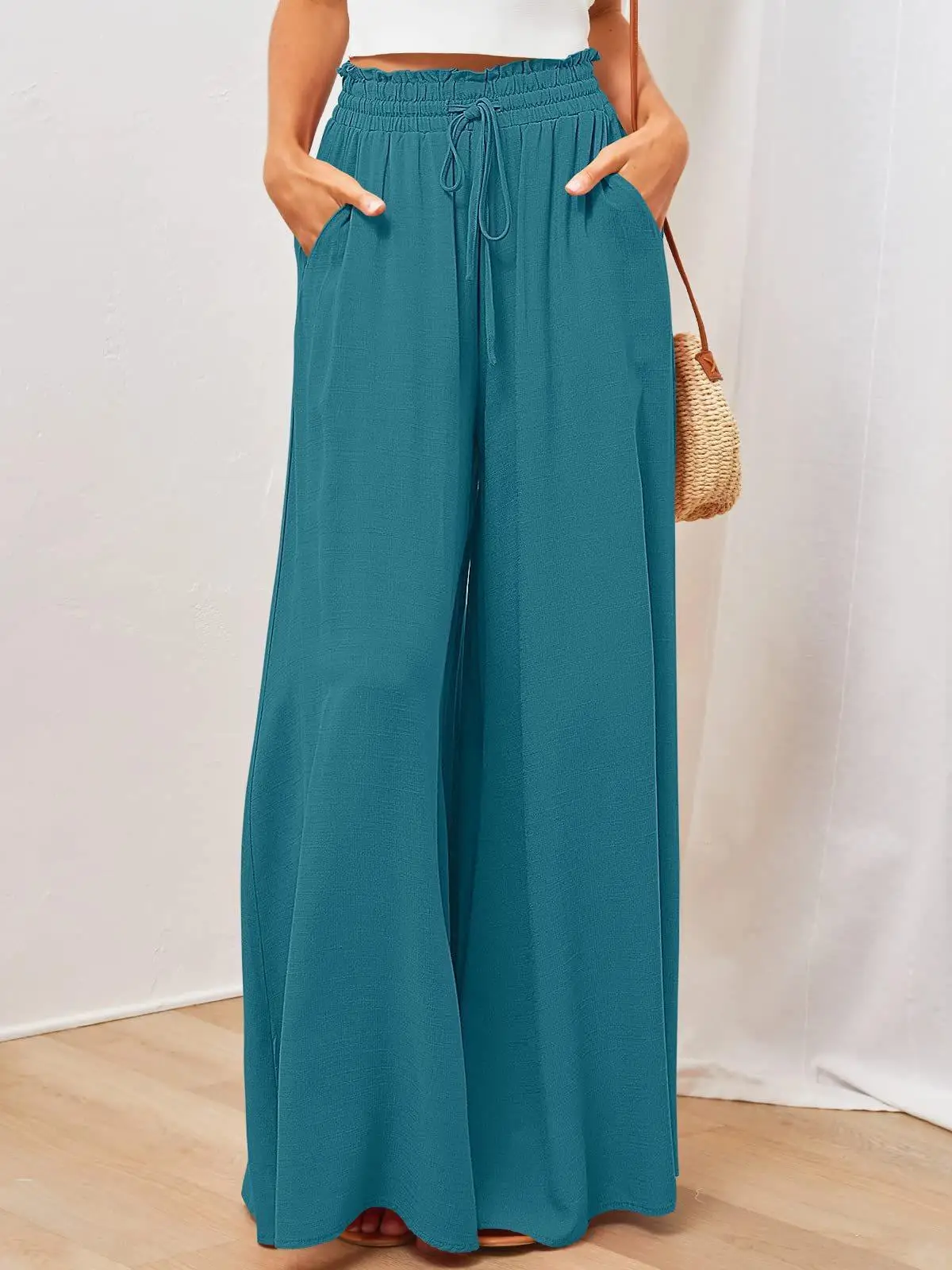 Women Wide Leg Pants Elastic Belt Summer Casual - Image 2