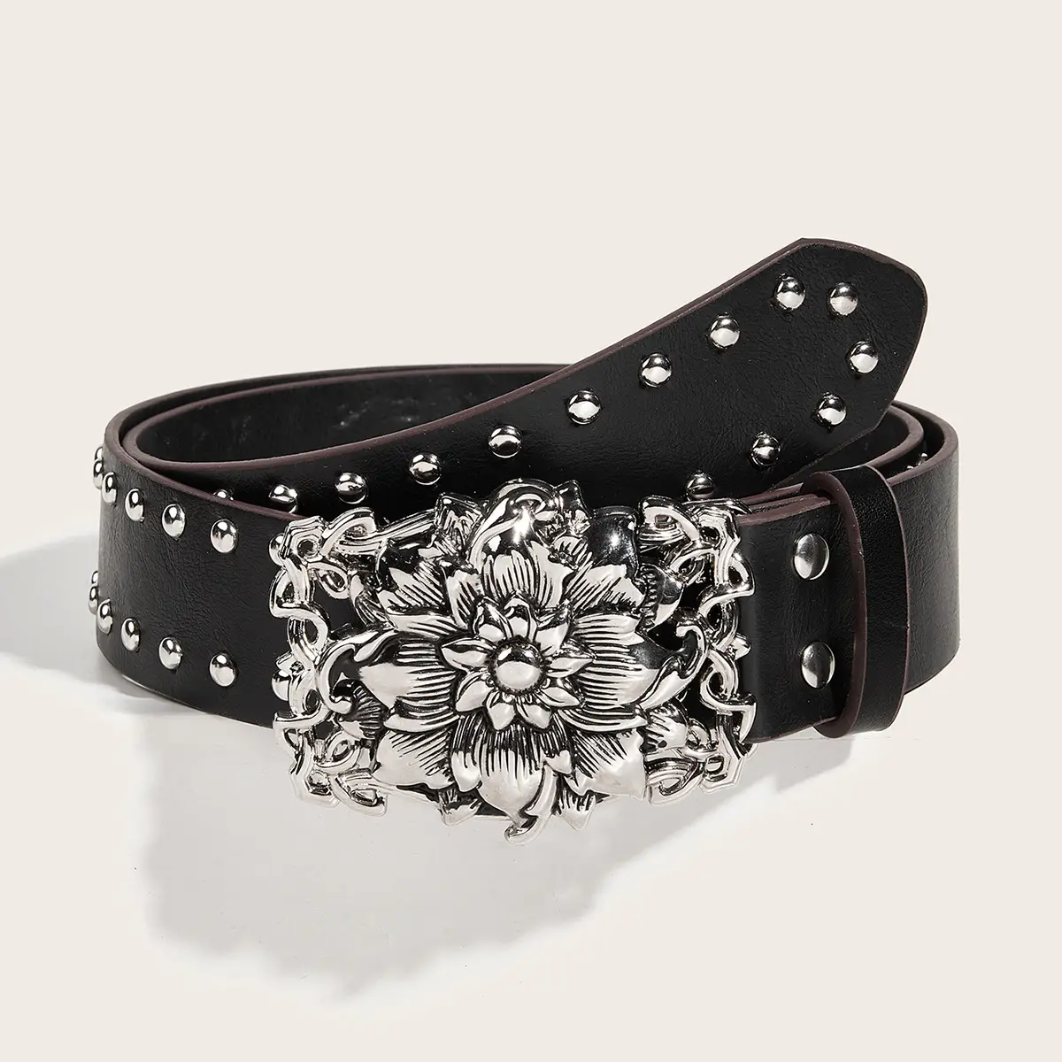 Women's Punk Wide Brown Leather Belt with Flower Buckle