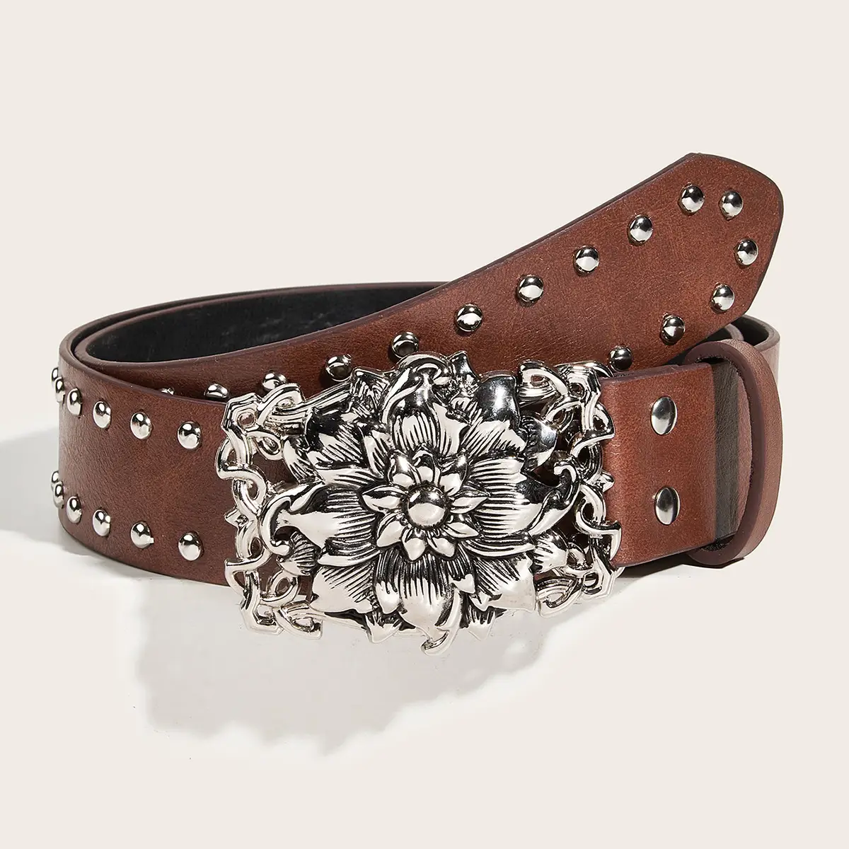 Women's Punk Wide Brown Leather Belt with Flower Buckle