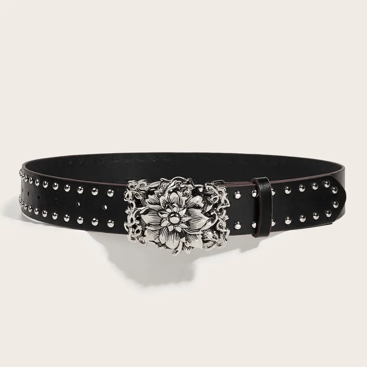 Women's Punk Wide Brown Leather Belt with Flower Buckle