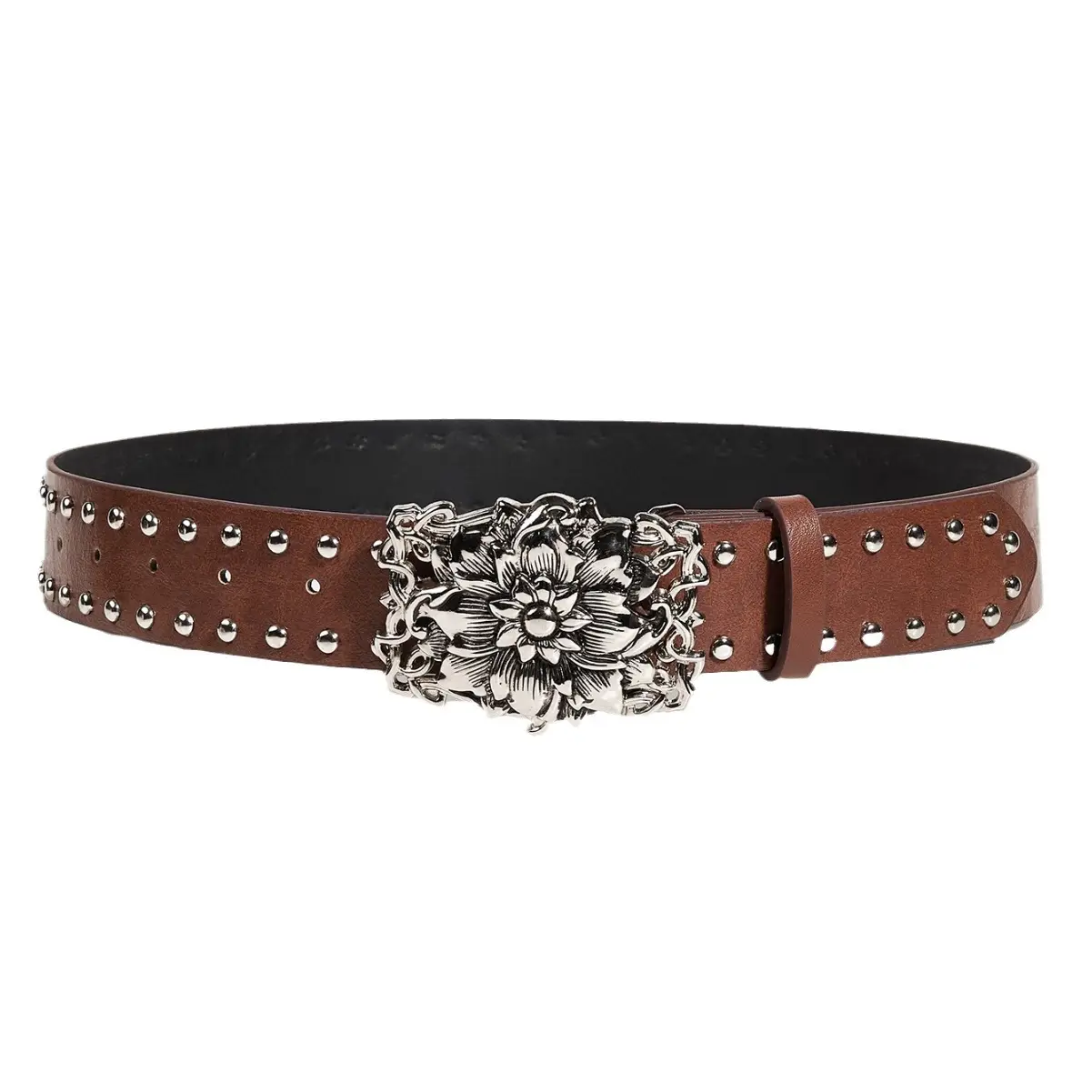 Women's Punk Wide Brown Leather Belt with Flower Buckle