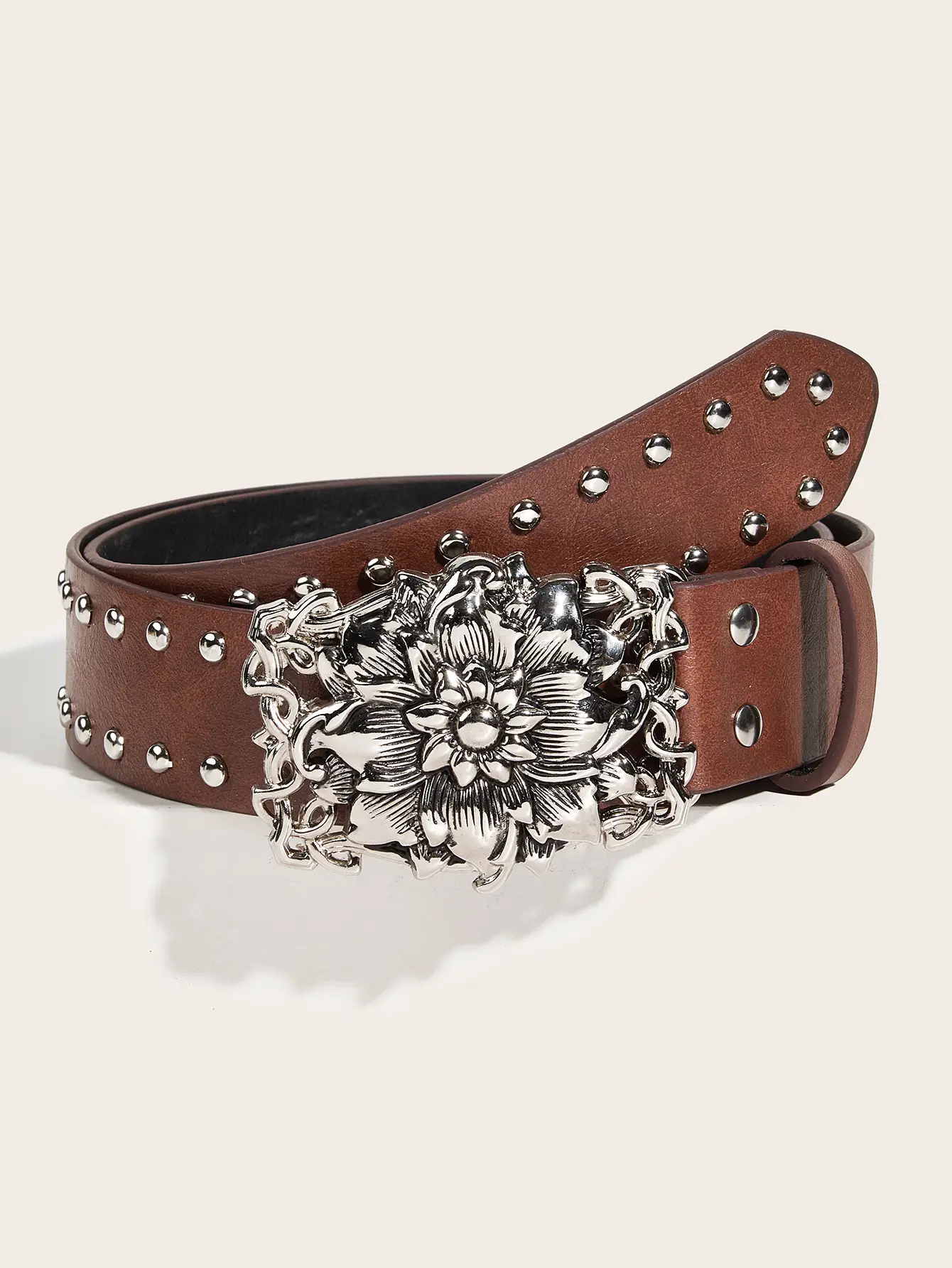 Women's Punk Wide Brown Leather Belt with Flower Buckle