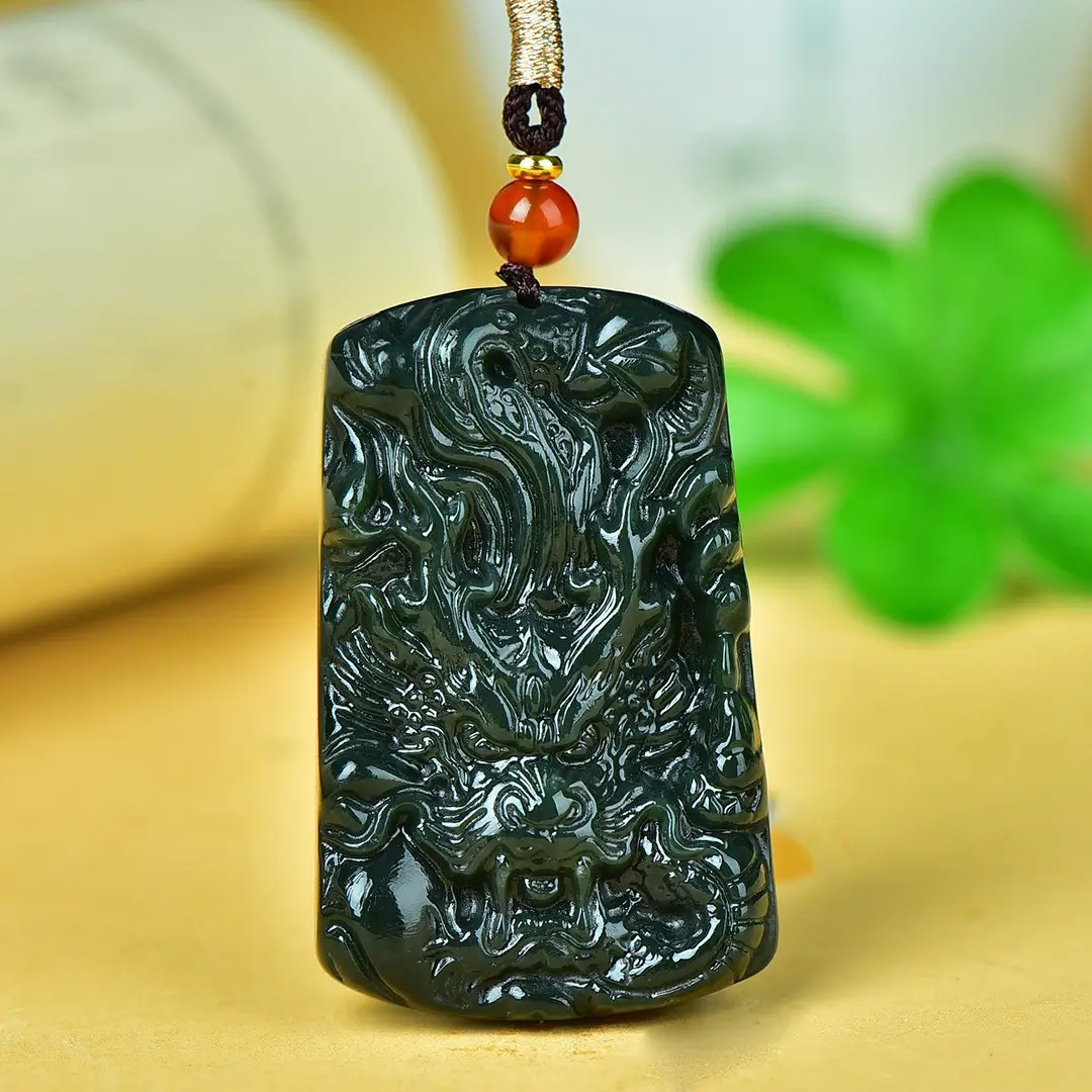 Dragon Pendant Jade Necklace Black Red Bead - Image 3