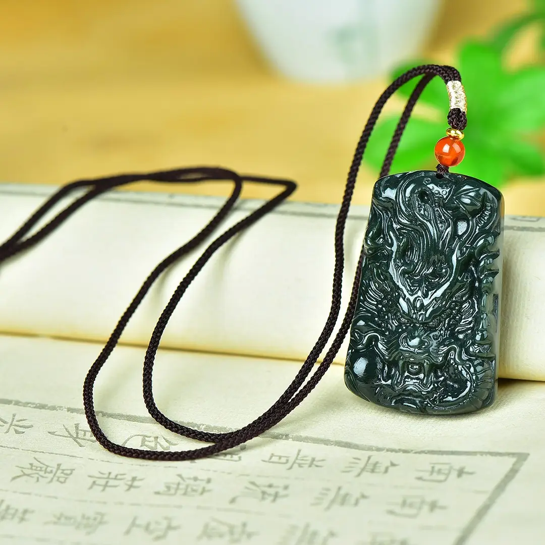 Dragon Pendant Jade Necklace Black Red Bead - Image 4