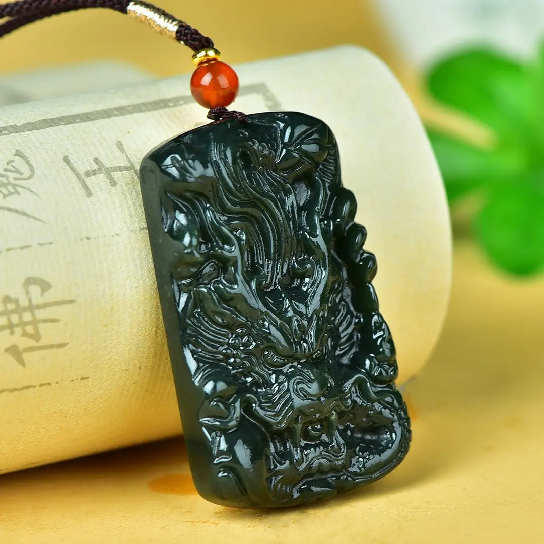 Dragon Pendant Jade Necklace Black Red Bead — feature 6