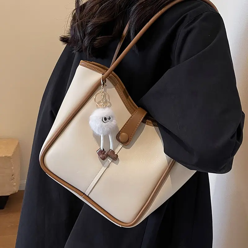 Women's Cream White Tote Bag with Owl Charm