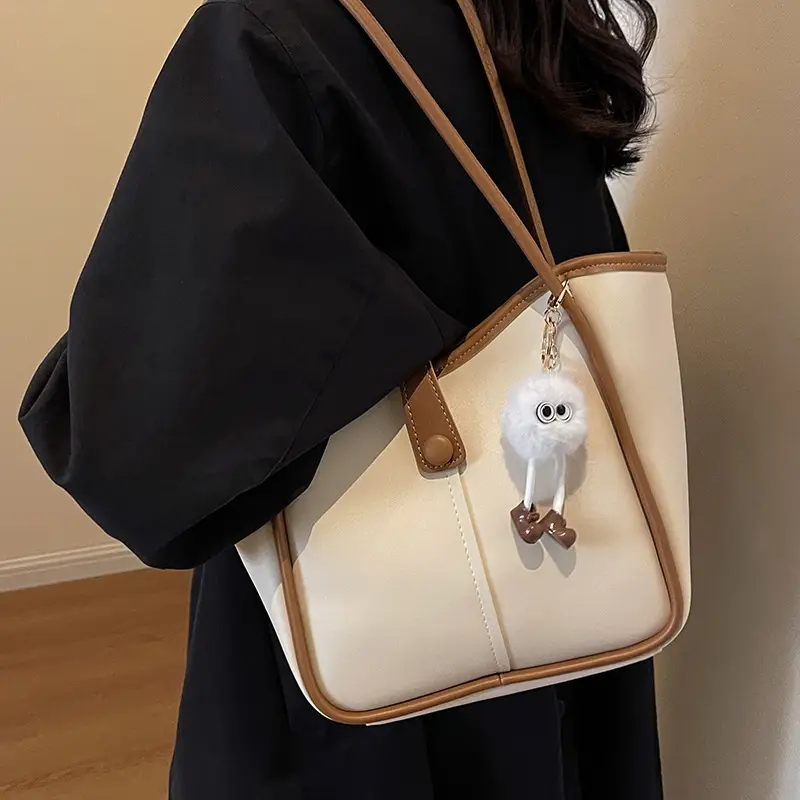 Women's Cream White Tote Bag with Owl Charm