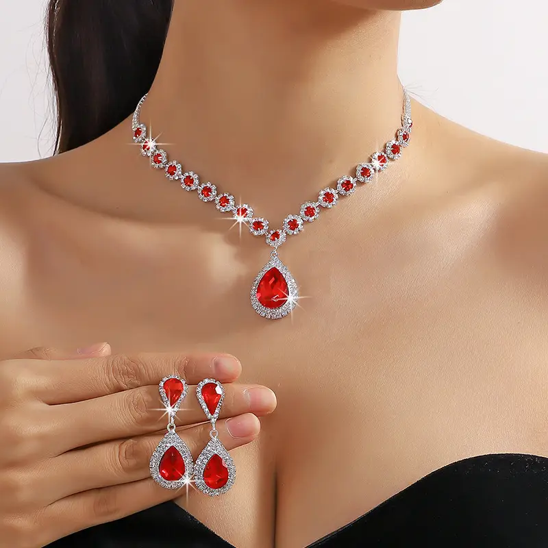 Red Water Drop Crystal Necklace & Earrings Set for Women - Image 11