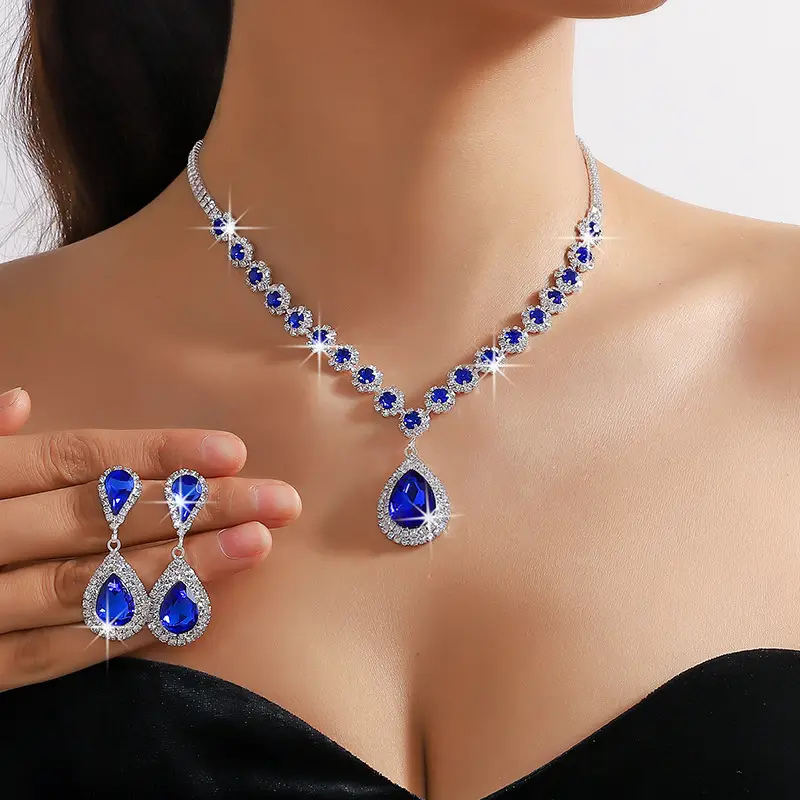 Red Water Drop Crystal Necklace & Earrings Set for Women - Image 13