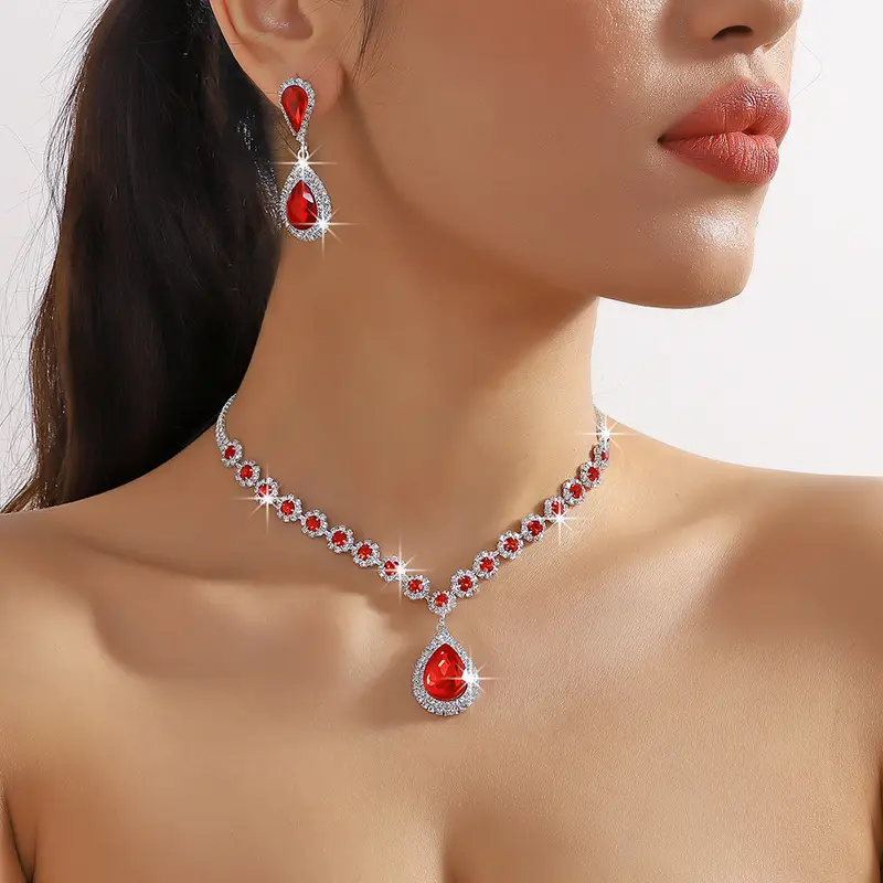 Red Water Drop Crystal Necklace & Earrings Set for Women — feature 10
