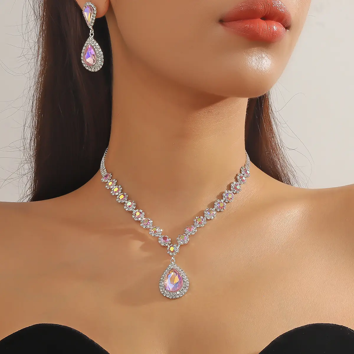 Red Water Drop Crystal Necklace & Earrings Set for Women — feature 31