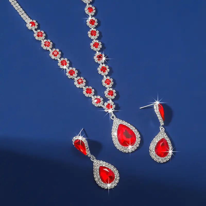 Red Water Drop Crystal Necklace & Earrings Set for Women — feature 8