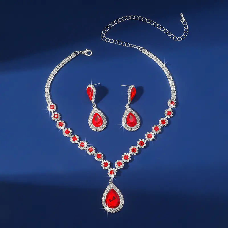 Red Water Drop Crystal Necklace & Earrings Set for Women — feature 9