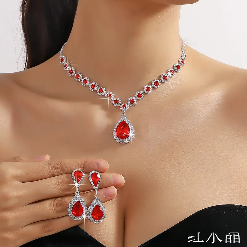 Red Water Drop Crystal Necklace & Earrings Set for Women - Image 3