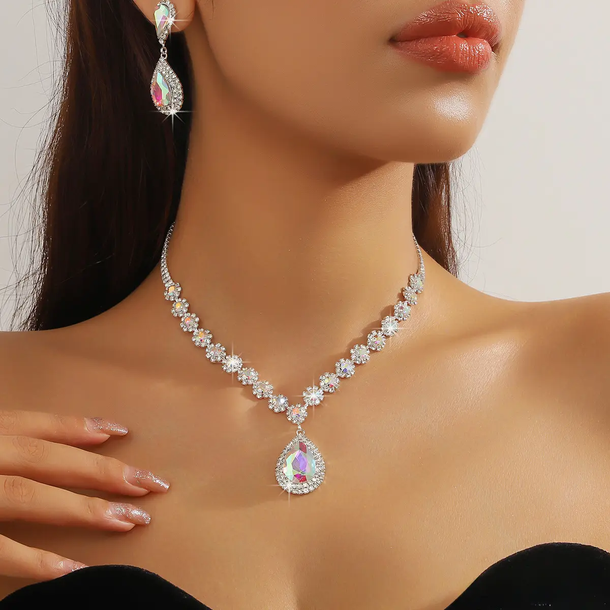 Red Water Drop Crystal Necklace & Earrings Set for Women - Image 6