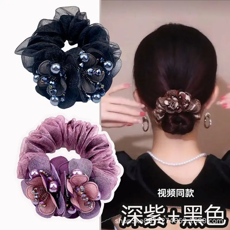 Purple Floral Hair Band with Pearl Accents