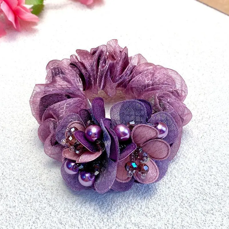 Purple Floral Hair Band with Pearl Accents