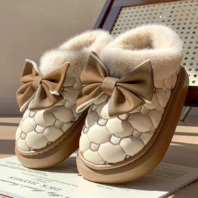 Women's Black Bow Fleece Slip-On Winter Shoes