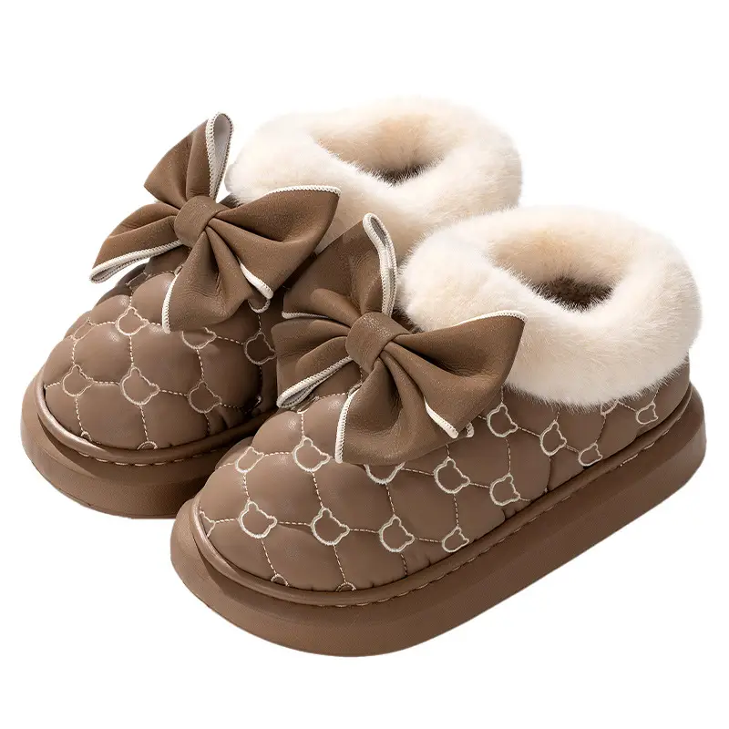 Women's Black Bow Fleece Slip-On Winter Shoes