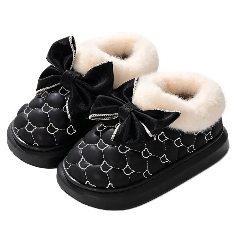 Women's Black Bow Fleece Slip-On Winter Shoes