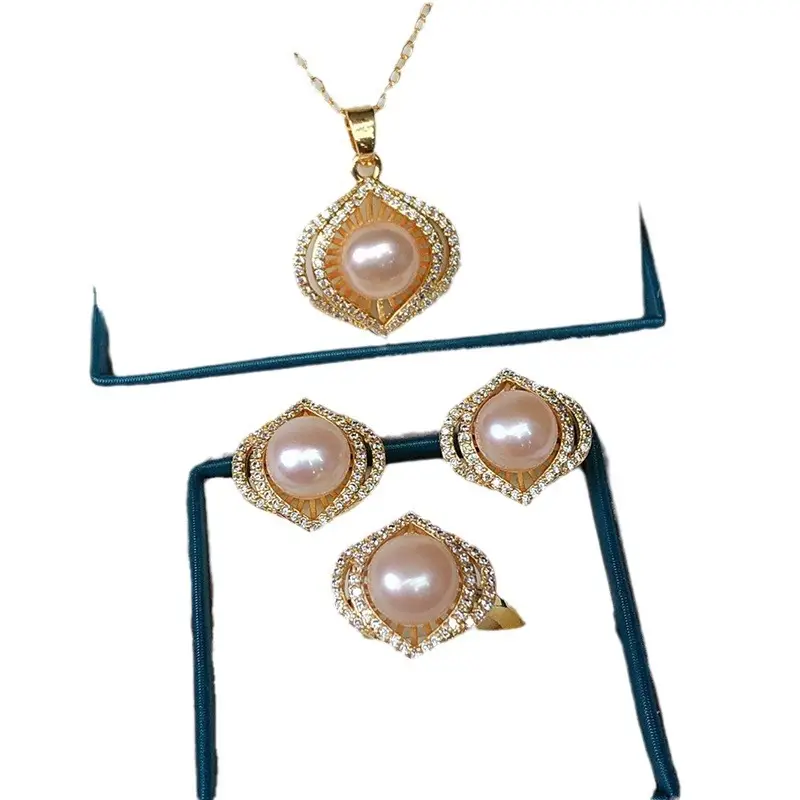 Three-Piece Pearl Set for Women with Emerald Centerstones - Image 7