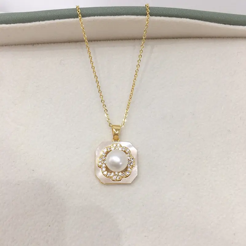 Natural Sea Shell Square Pearl Necklace with Gold Chain - Image 3