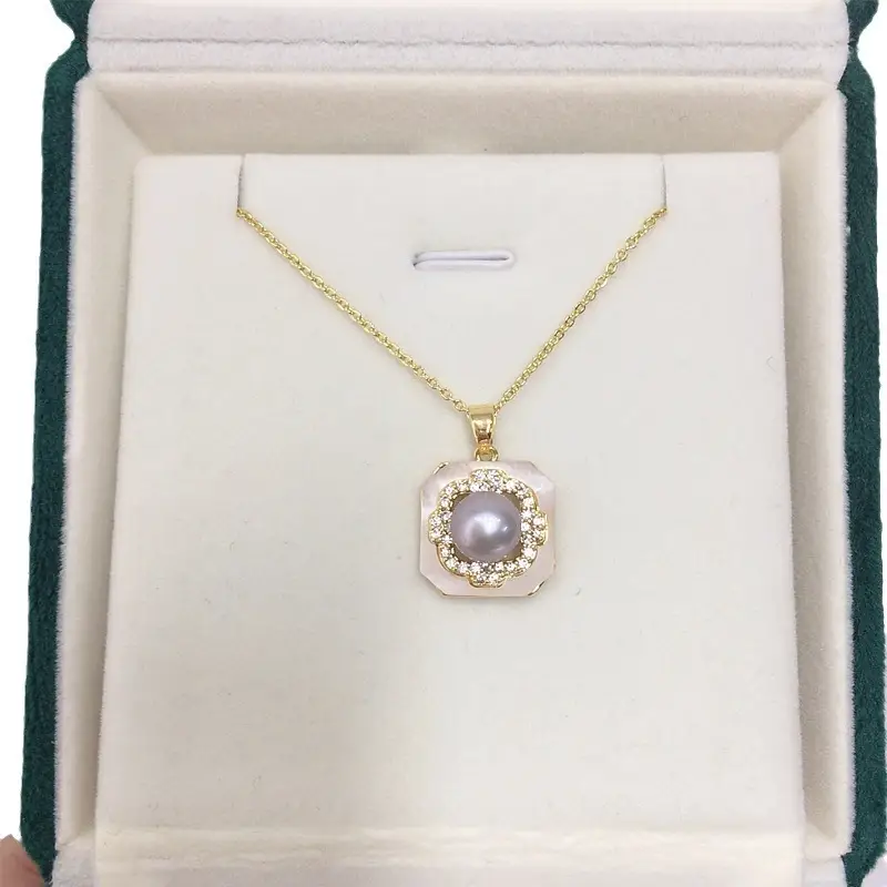 Natural Sea Shell Square Pearl Necklace with Gold Chain - Image 6
