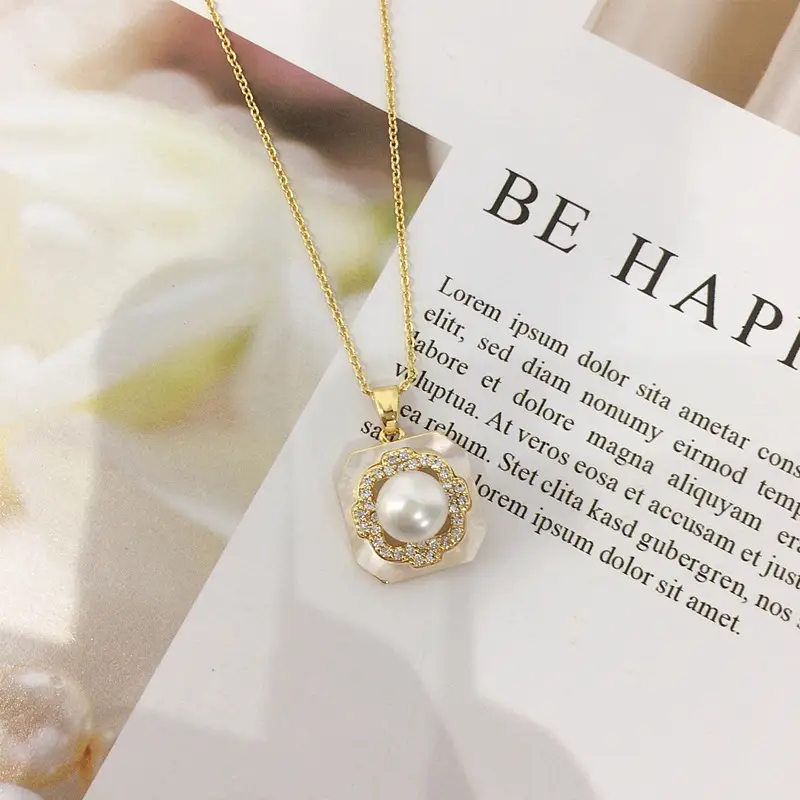 Natural Sea Shell Square Pearl Necklace with Gold Chain — feature 10