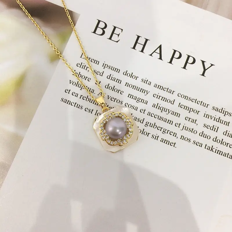 Natural Sea Shell Square Pearl Necklace with Gold Chain — feature 11