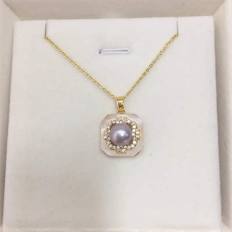 Natural Sea Shell Square Pearl Necklace with Gold Chain - Image 2