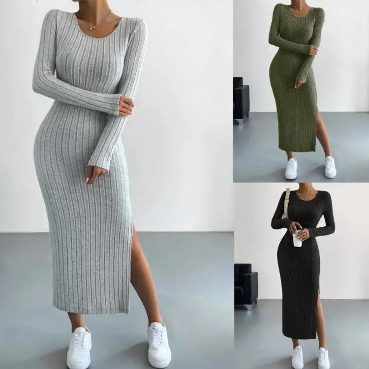 Long Sleeve Knit Slit Dress Women Black