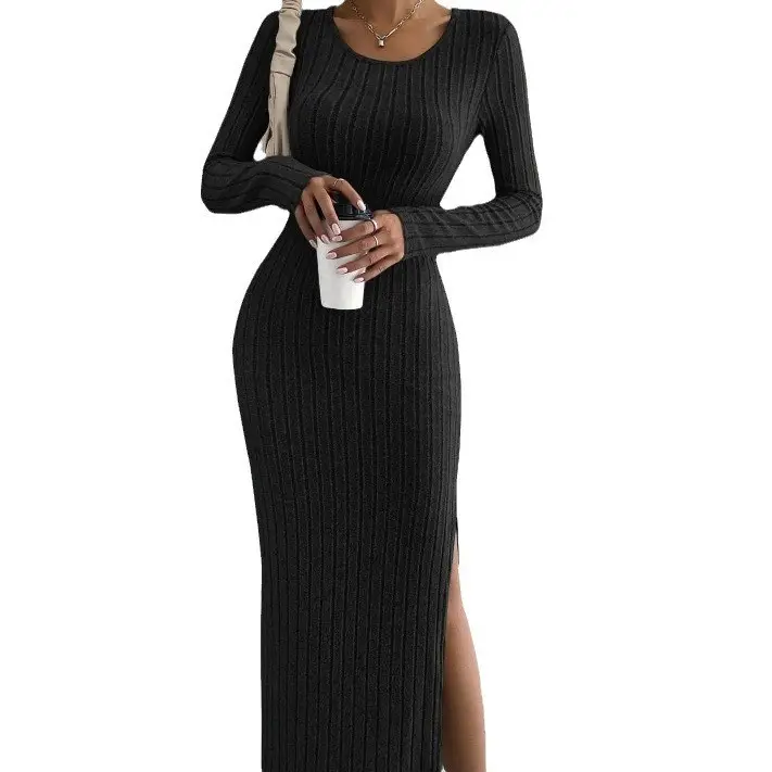 Long Sleeve Knit Slit Dress Women Black
