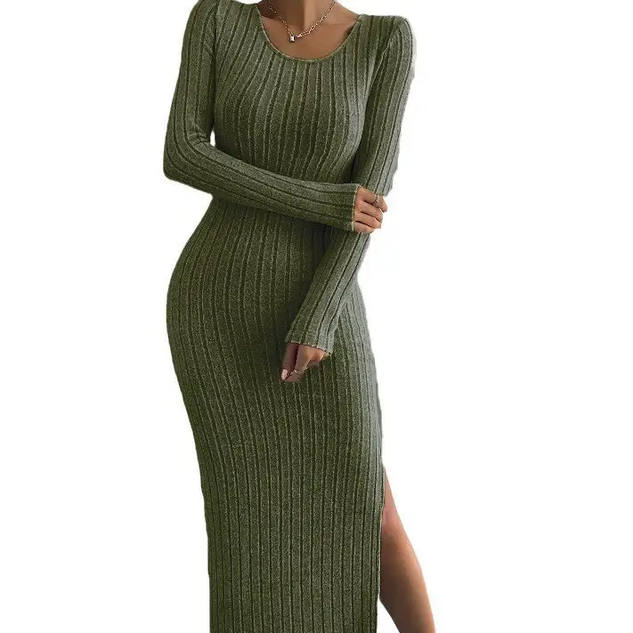 Long Sleeve Knit Slit Dress Women Black