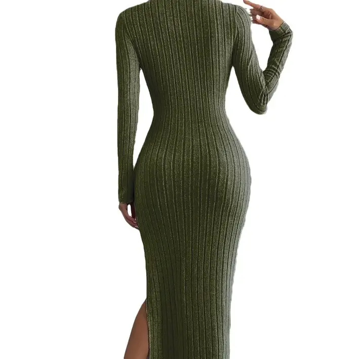 Long Sleeve Knit Slit Dress Women Black