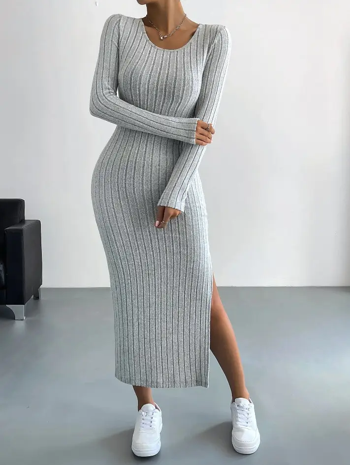 Long Sleeve Knit Slit Dress Women Black