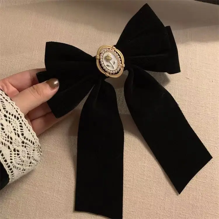 Black Velvet Rose Bow Hairpin with Chanel Style Clip