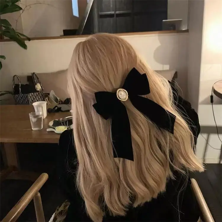 Black Velvet Rose Bow Hairpin with Chanel Style Clip
