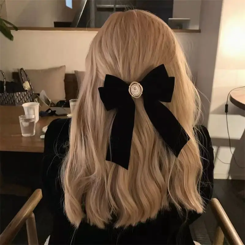 Black Velvet Rose Bow Hairpin with Chanel Style Clip