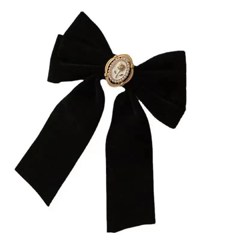 Black Velvet Rose Bow Hairpin with Chanel Style Clip