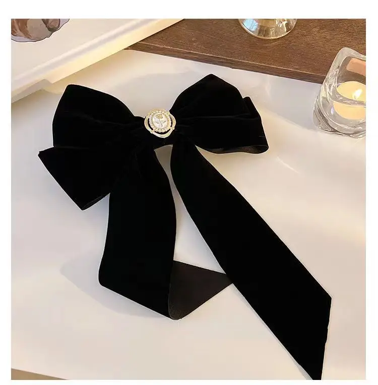 Black Velvet Rose Bow Hairpin with Chanel Style Clip — feature 4