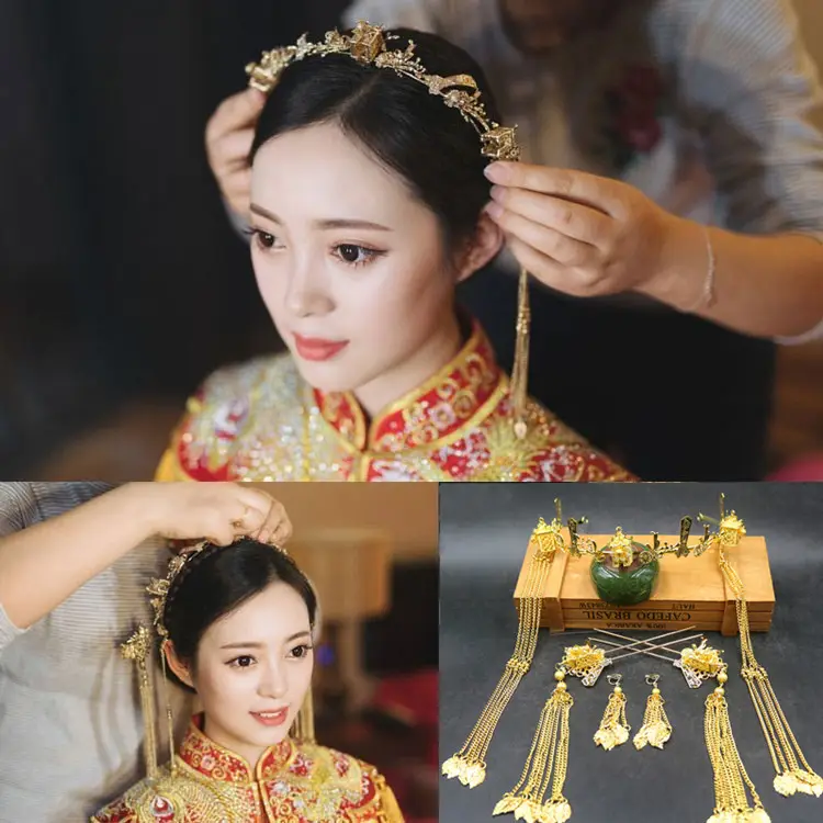 Chinese Bridal Hair Accessories Xiuhe Dragon Phoenix Gown Set - Image 4