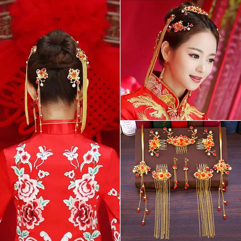 Chinese Bridal Hair Accessories Xiuhe Dragon Phoenix Gown Set - Image 5